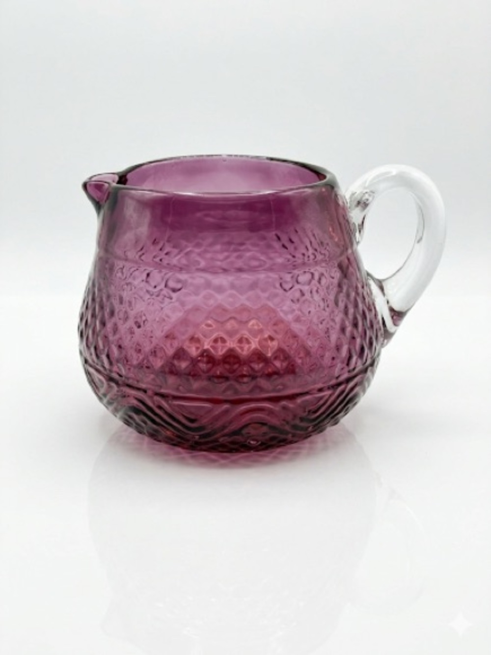 Vintage Cranberry Glass Creamer Mini Pitcher Diamond Quilted Pattern Pontil Mark
